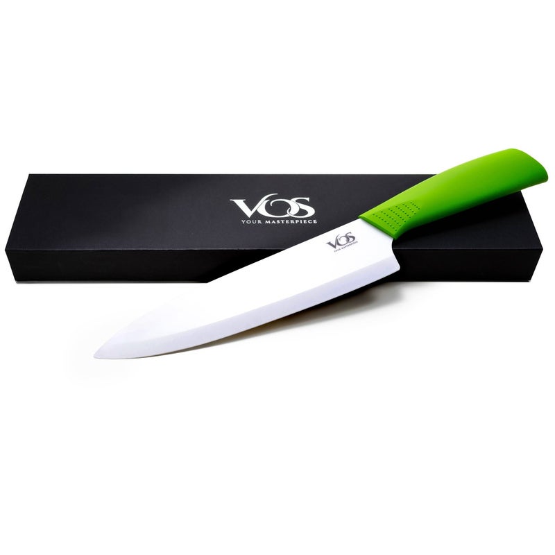 Vos Ceramic Chef Knife 8 Inch with Protective Cover â€“ Zirconia Ceramic Blade for Food Preparation â€“ Lightweight Kitchen Knife (Green) - Image 1